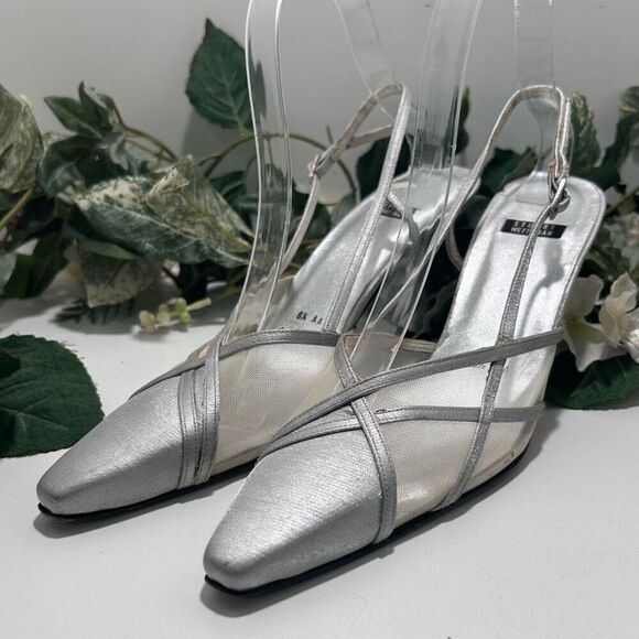 Stuart Weitzman Lame Dressy Pumps Size 8.5 Silver Matte Slingback Mesh Detail - Picture 9 of 16